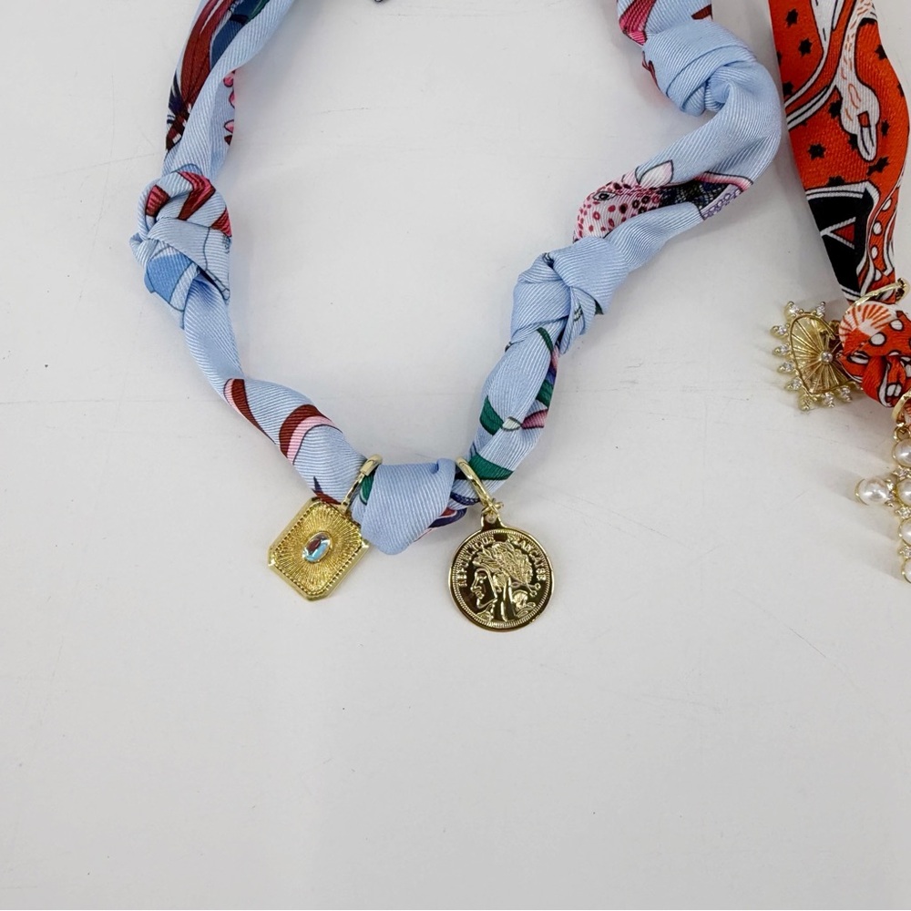 Bundle of 2 Scarf Necklaces with Charms Blue and Orange - Picture 2 of 3